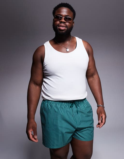 ASOS DESIGN swim shorts in short length in green stripe with placement print, 2 of 4