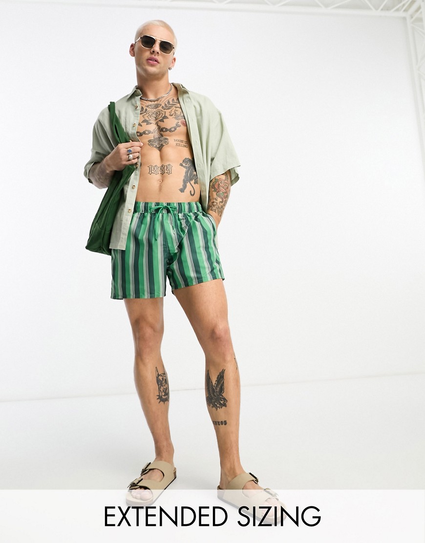 Asos Design Swim Shorts In Short Length In Green Stripe-multi