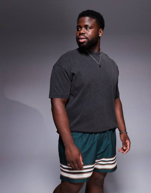 ASOS DESIGN swim shorts in short length in green with border stripe, 2 of 4