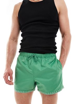 Asos Design Swim Shorts In Short Length In Green With Hem Detail
