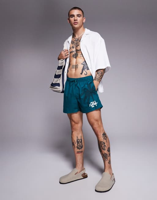 ASOS DESIGN swim shorts in short length in green, 2 of 4