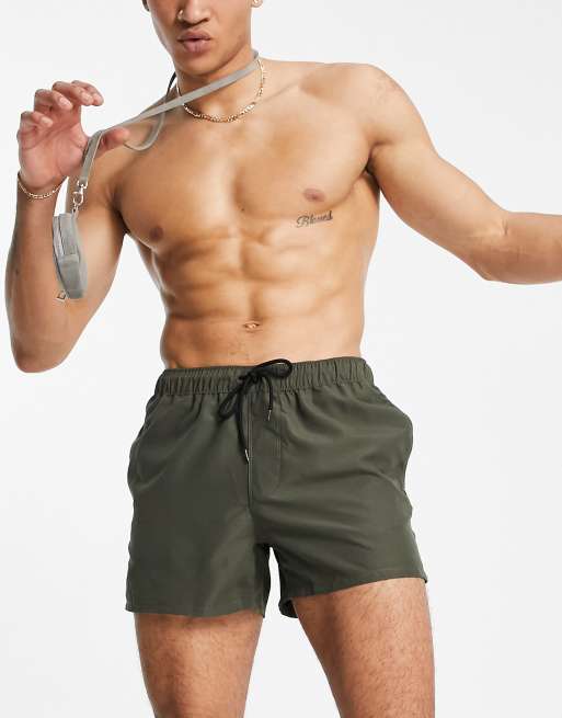 ASOS DESIGN swim shorts in short length in khaki