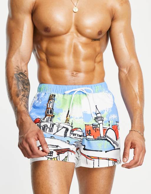 ASOS DESIGN swim shorts in short length in landscape print