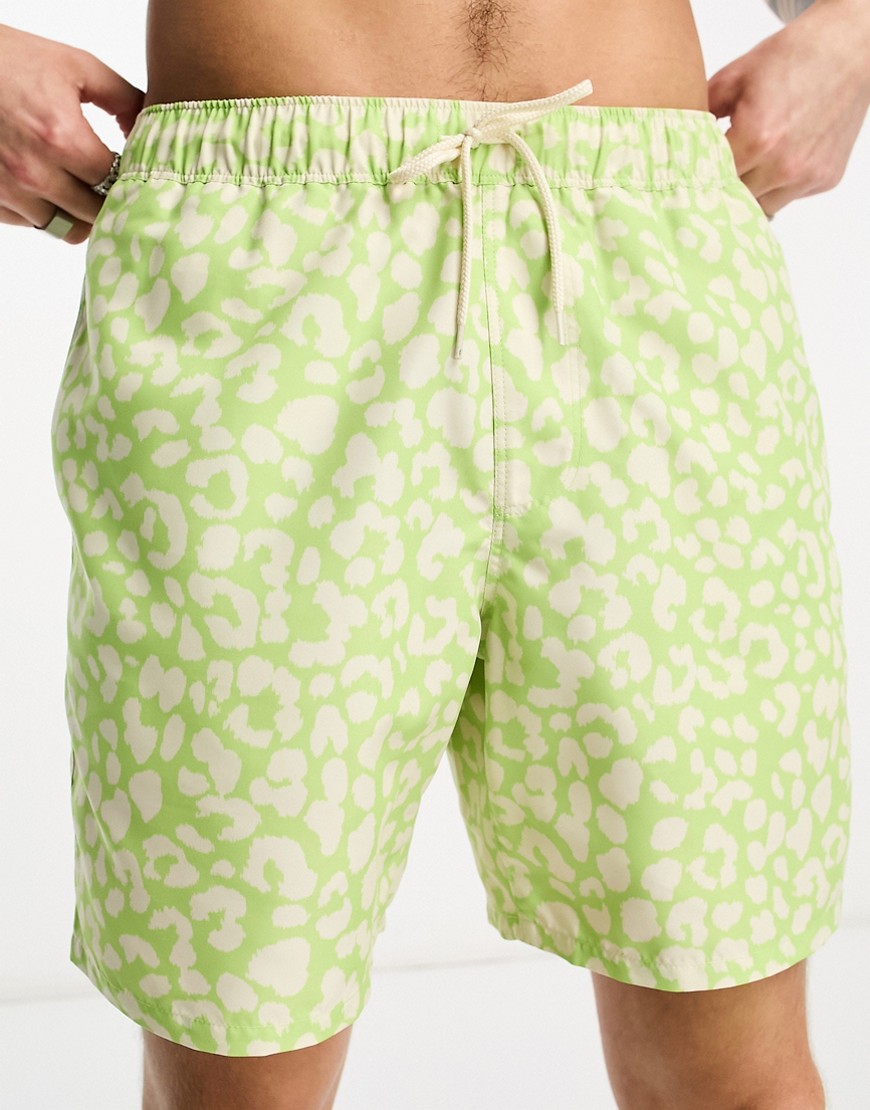 ASOS DESIGN swim shorts in short length in leopard print in green
