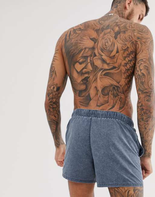 ASOS DESIGN swim shorts in short length in navy acid wash, 2 of 4