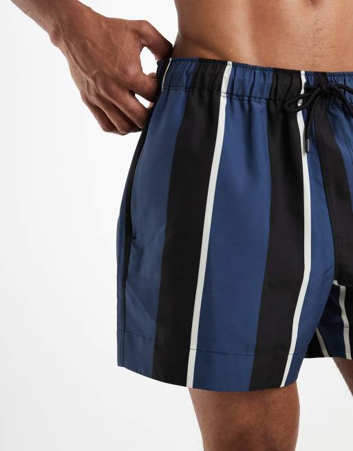 ASOS DESIGN swim shorts in short length in navy and black stripes, 3 of 5