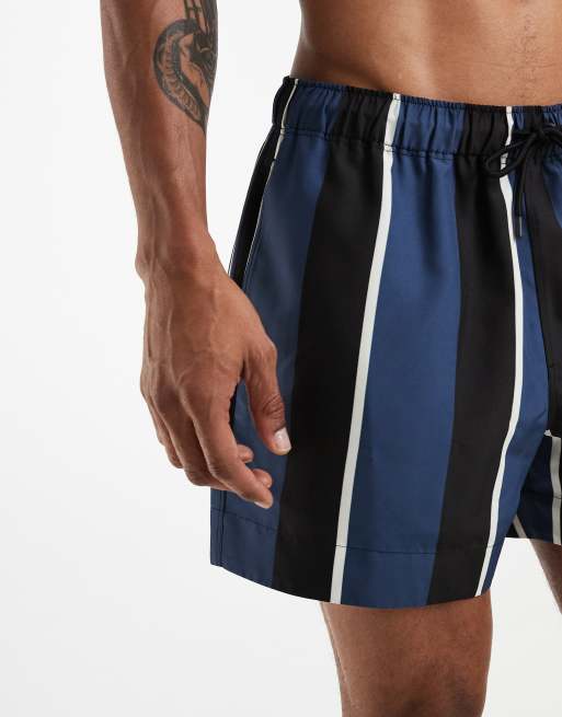ASOS DESIGN swim shorts in short length in navy and black stripes, 5 of 5