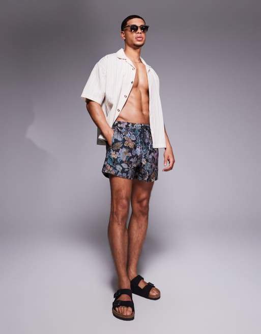 ASOS DESIGN swim shorts in short length in navy floral print, 3 of 4