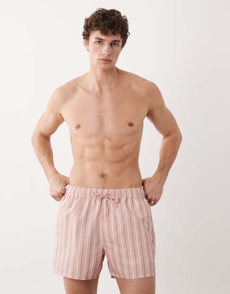 ASOS DESIGN swim shorts in short length in pink stripe with embroidery - view 1