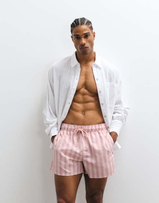 ASOS DESIGN swim shorts in short length in pink stripe with embroidery, 4 of 5