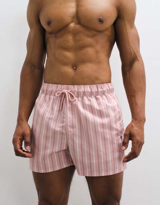 ASOS DESIGN swim shorts in short length in pink stripe with embroidery, 5 of 5