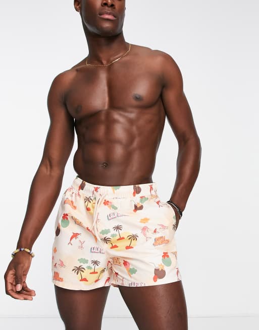 ASOS DESIGN swim shorts in short length in postcard print