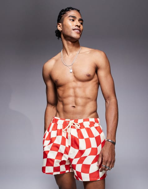 ASOS DESIGN swim shorts in short length in red check - view 1