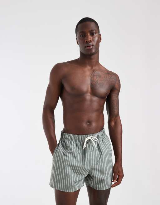 ASOS DESIGN swim shorts in short length in sage green stripes, 2 of 5