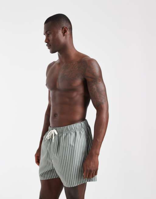 ASOS DESIGN swim shorts in short length in sage green stripes, 3 of 5