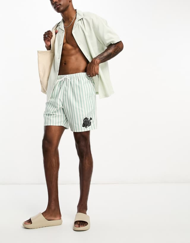 ASOS DESIGN swim shorts in short length in stripe with fish placement