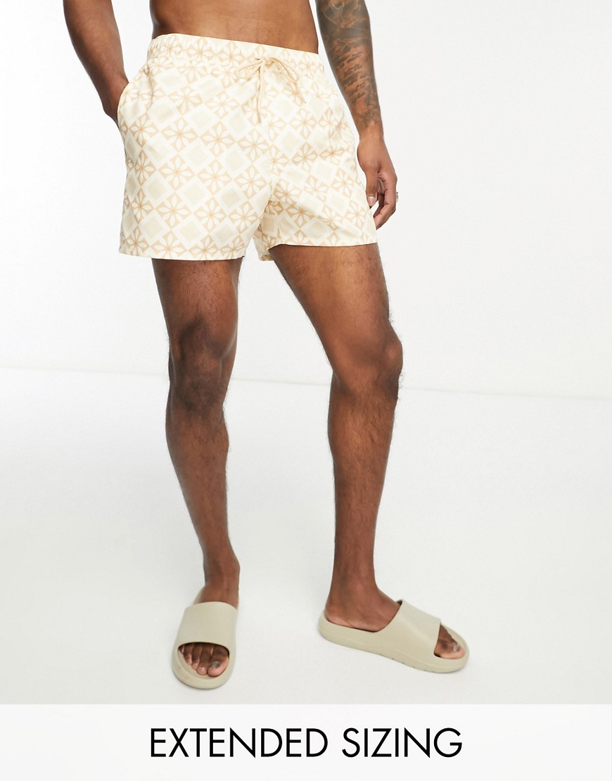 ASOS DESIGN swim shorts in short length in tile print-Neutral