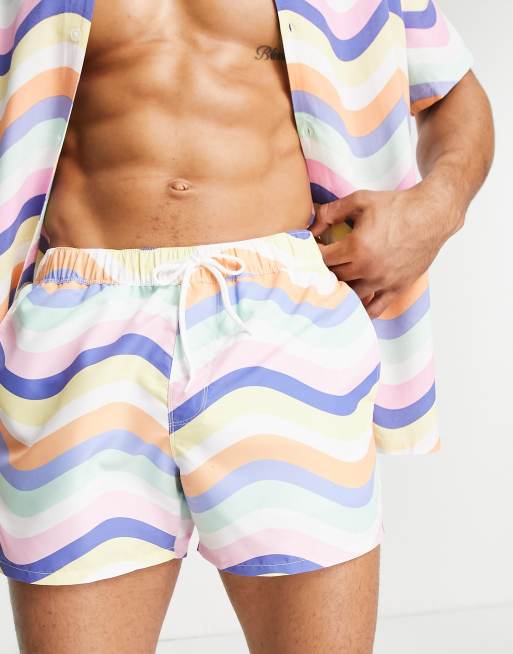 ASOS DESIGN swim shorts in short length in wavy pastel stripe