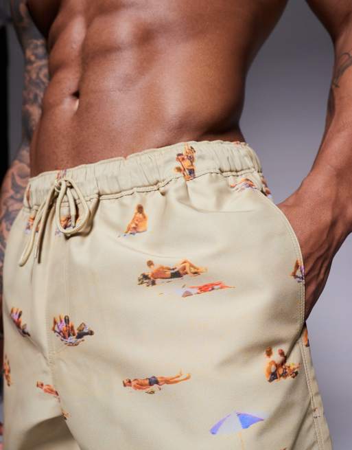 ASOS DESIGN swim shorts in short length with beach print in stone, 3 of 4