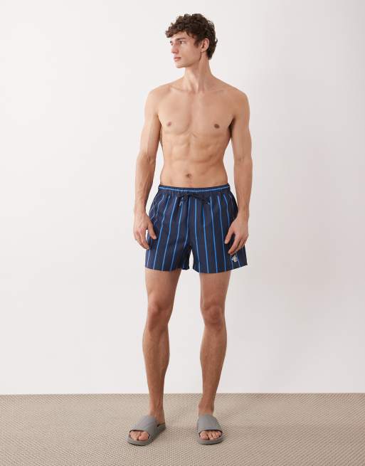 ASOS DESIGN swim shorts in short length with blue stripe and embroidery in navy, 2 of 5