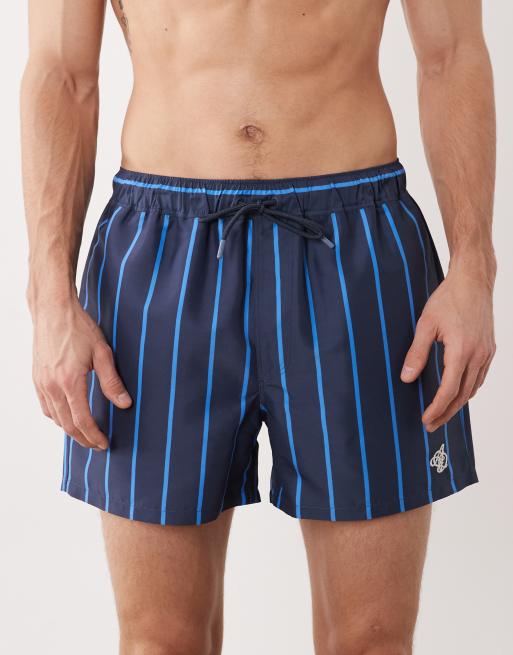 ASOS DESIGN swim shorts in short length with blue stripe and embroidery in navy, 4 of 5