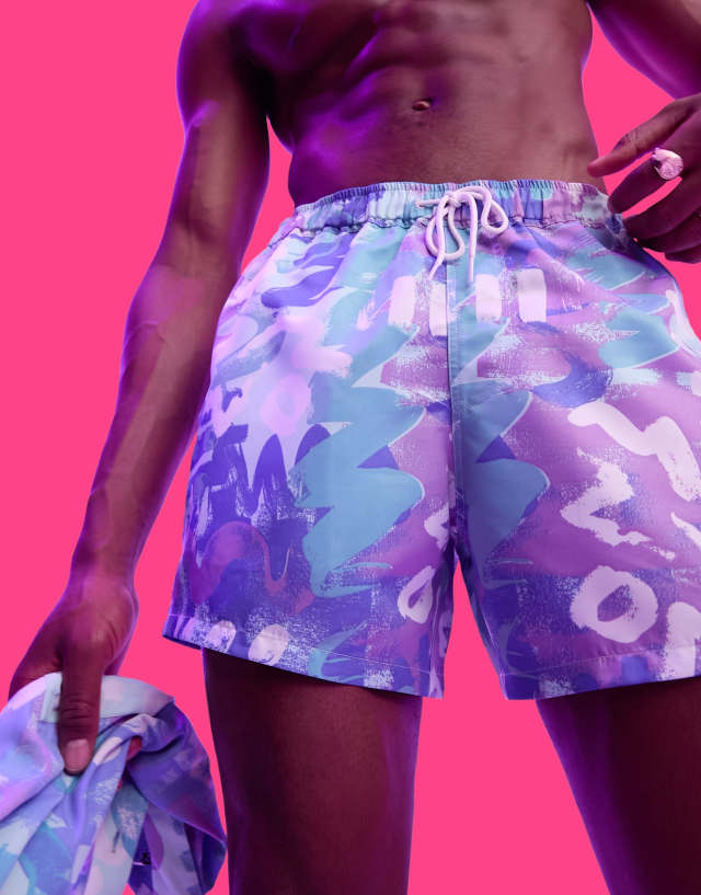 ASOS DESIGN swim shorts in short length with blue vintage print - part of a set