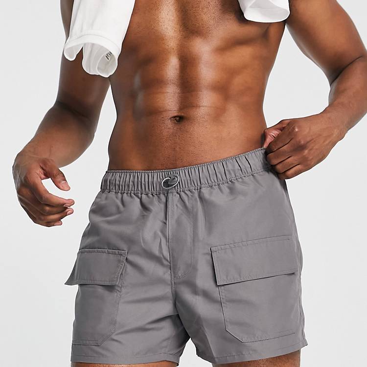 ASOS DESIGN swim shorts in short length with cargo pockets in charcoal | ASOS