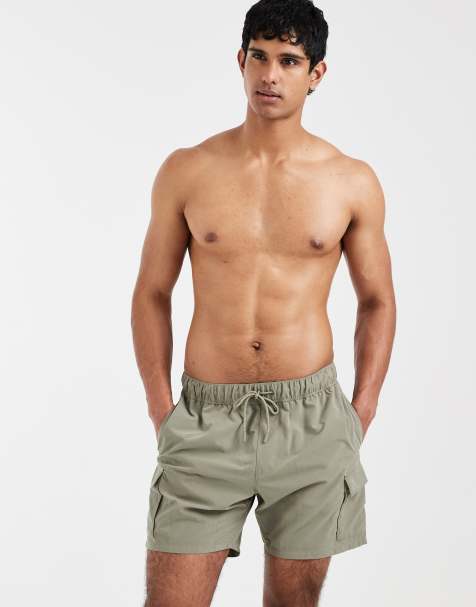 ASOS DESIGN swim shorts in short length with cargo pockets in khaki - view 1