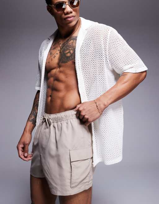 ASOS DESIGN swim shorts in short length with cargo pockets in stone, 2 of 4