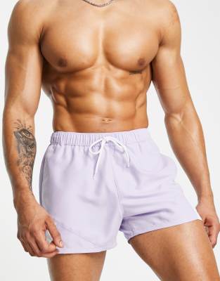 ASOS DESIGN swim shorts in short length with color block in purple