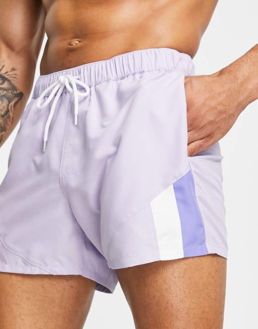 ASOS DESIGN swim shorts in short length with color block in purple, 4 of 4