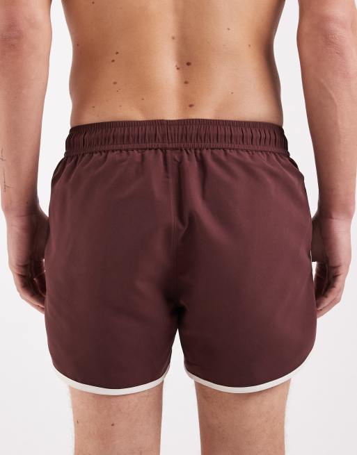 ASOS DESIGN swim shorts in short length with contrast binding in brown, 5 of 5