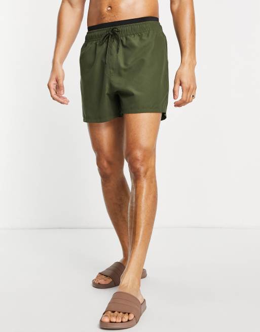 ASOS DESIGN swim shorts in short length with double waistband in khaki