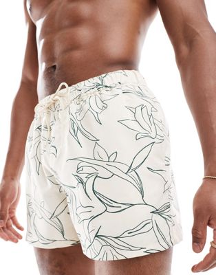 Asos Design Swim Shorts In Short Length With Floral Print In Beige-neutral