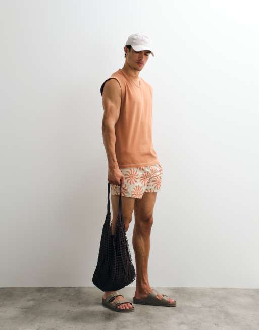 ASOS DESIGN swim shorts in short length with floral print in beige, 2 of 7