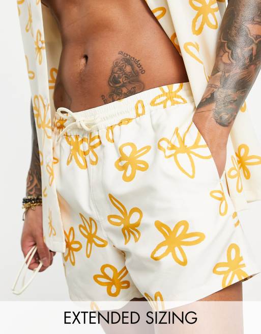 Asos Design Swim Shorts In Short Length With Floral Print In Cream