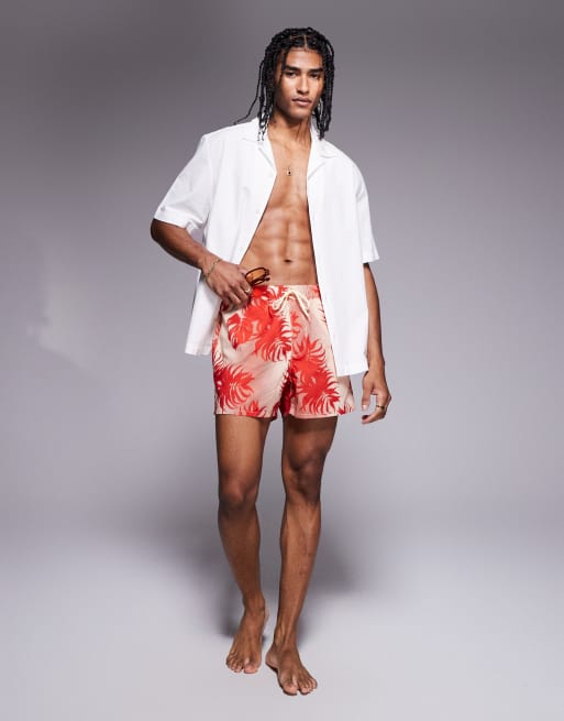 ASOS DESIGN swim shorts in short length with floral print in red, 2 of 4