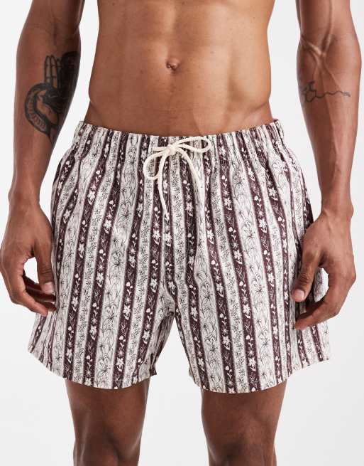ASOS DESIGN swim shorts in short length with floral stripe in brown, 4 of 5