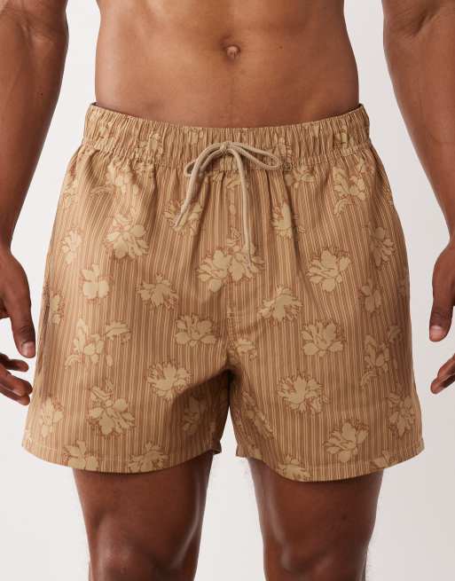 ASOS DESIGN swim shorts in short length with floral stripe print in brown, 4 of 5