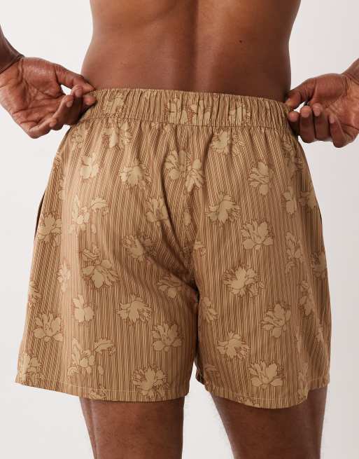 ASOS DESIGN swim shorts in short length with floral stripe print in brown, 5 of 5