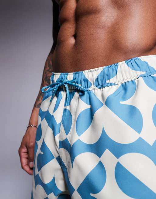ASOS DESIGN swim shorts in short length with geo print in blue, 3 of 4