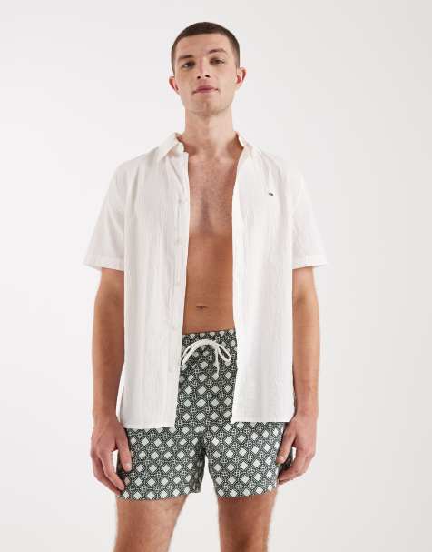 ASOS DESIGN swim shorts in short length with green geo print - view 1