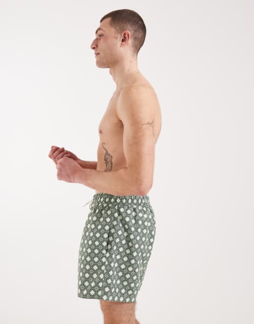ASOS DESIGN swim shorts in short length with green geo print, 3 of 5