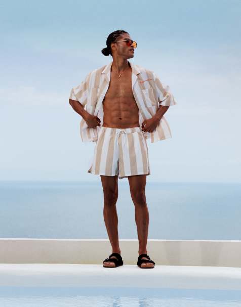 ASOS DESIGN swim shorts in short length with neutral stripe (part of a set) - view 1