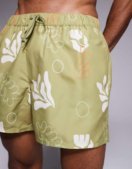 ASOS DESIGN swim shorts in short length with plant print in green, 4 of 4