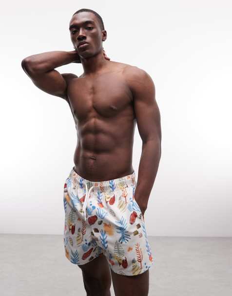 ASOS DESIGN swim shorts in short length with reef print in multi - view 1