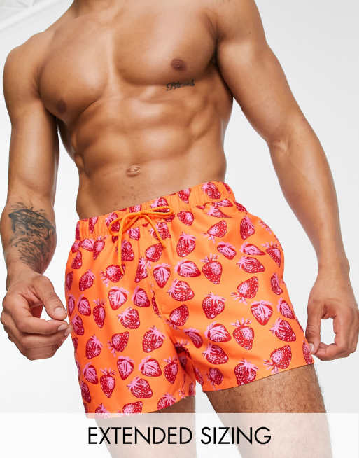 Asos Design Swim Shorts In Short Length With Strawberry Print In Orange