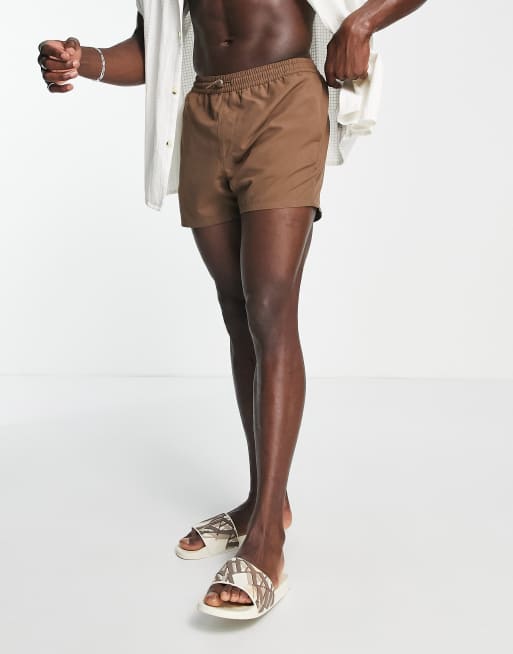 ASOS DESIGN swim shorts in short length with toggle in brown