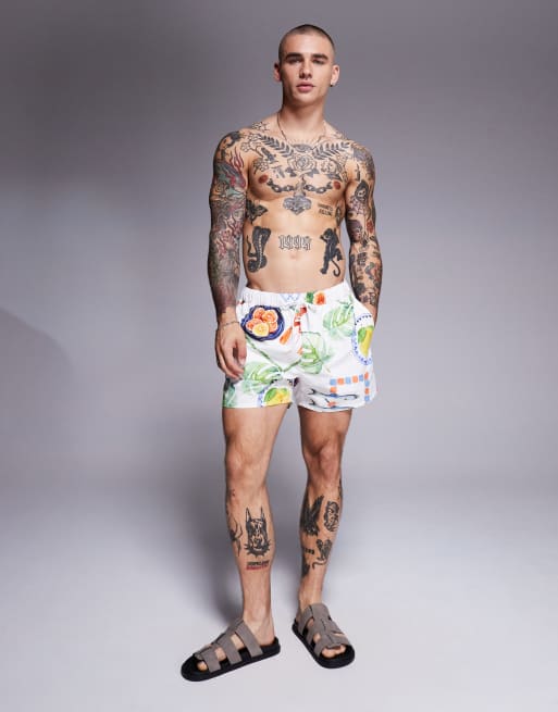 ASOS DESIGN swim shorts in short length with watercolor print, 3 of 4