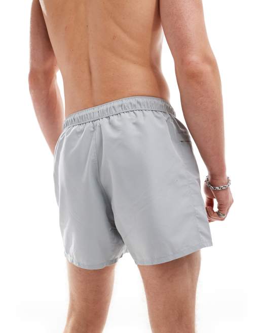 ASOS DESIGN swim shorts in short length with zip pocket and black drawcord in grey, 3 of 4